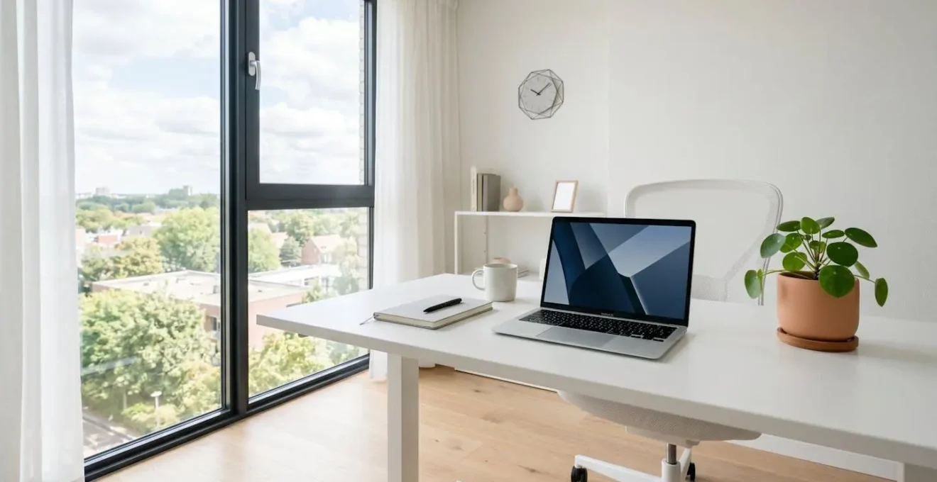 Bureau lumineux contemporain vide avec ordinateur portable ouvert, tasse de café, carnet et petite plante verte, lumière naturelle généreuse
