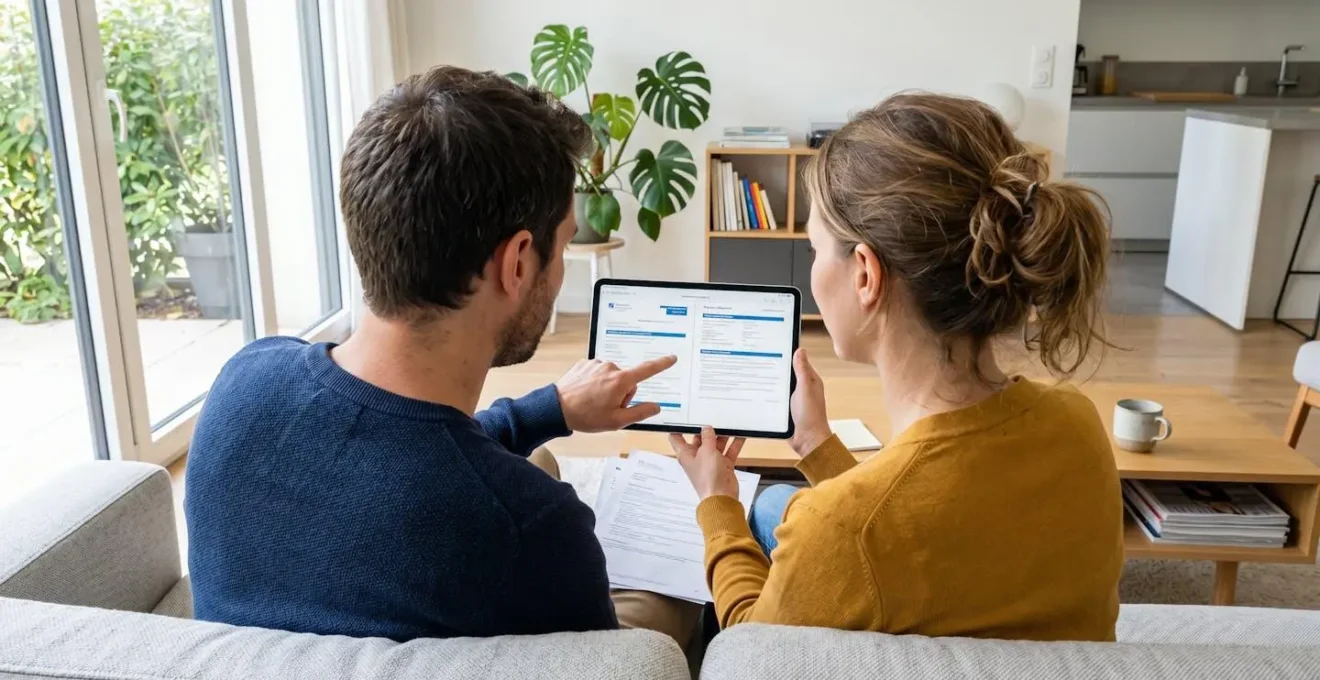 Un couple vu de dos consulte des documents de santé sur une tablette, assis sur un canapé contemporain dans un salon lumineux