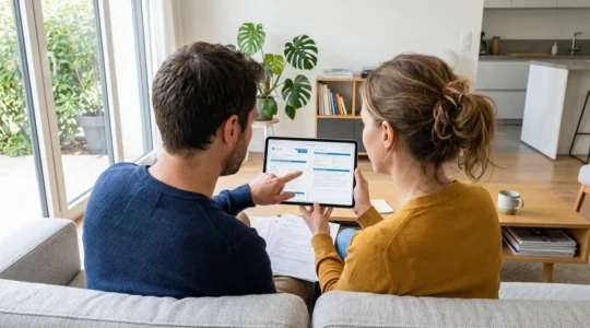 Un couple vu de dos consulte des documents de santé sur une tablette, assis sur un canapé contemporain dans un salon lumineux