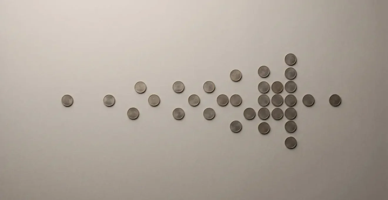 Composition minimaliste montrant l'accumulation de petits éléments symbolisant les frais cachés