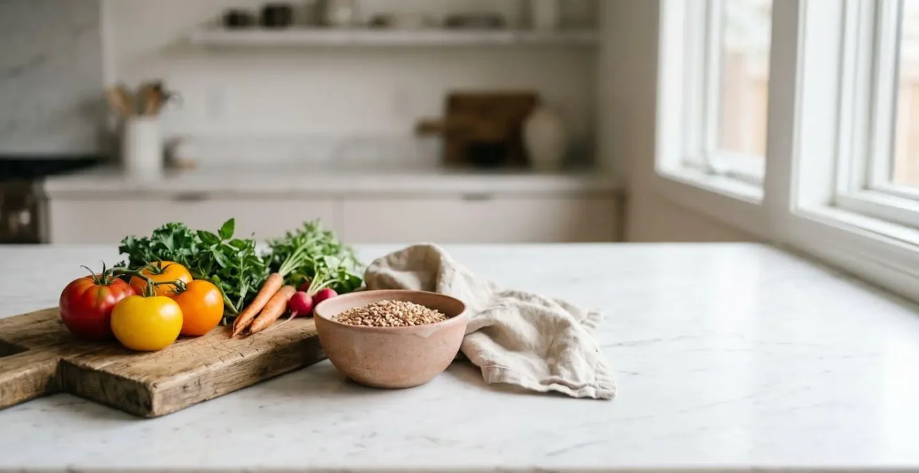 Composition atmosphérique évoquant une approche globale de l'alimentation et du bien-être