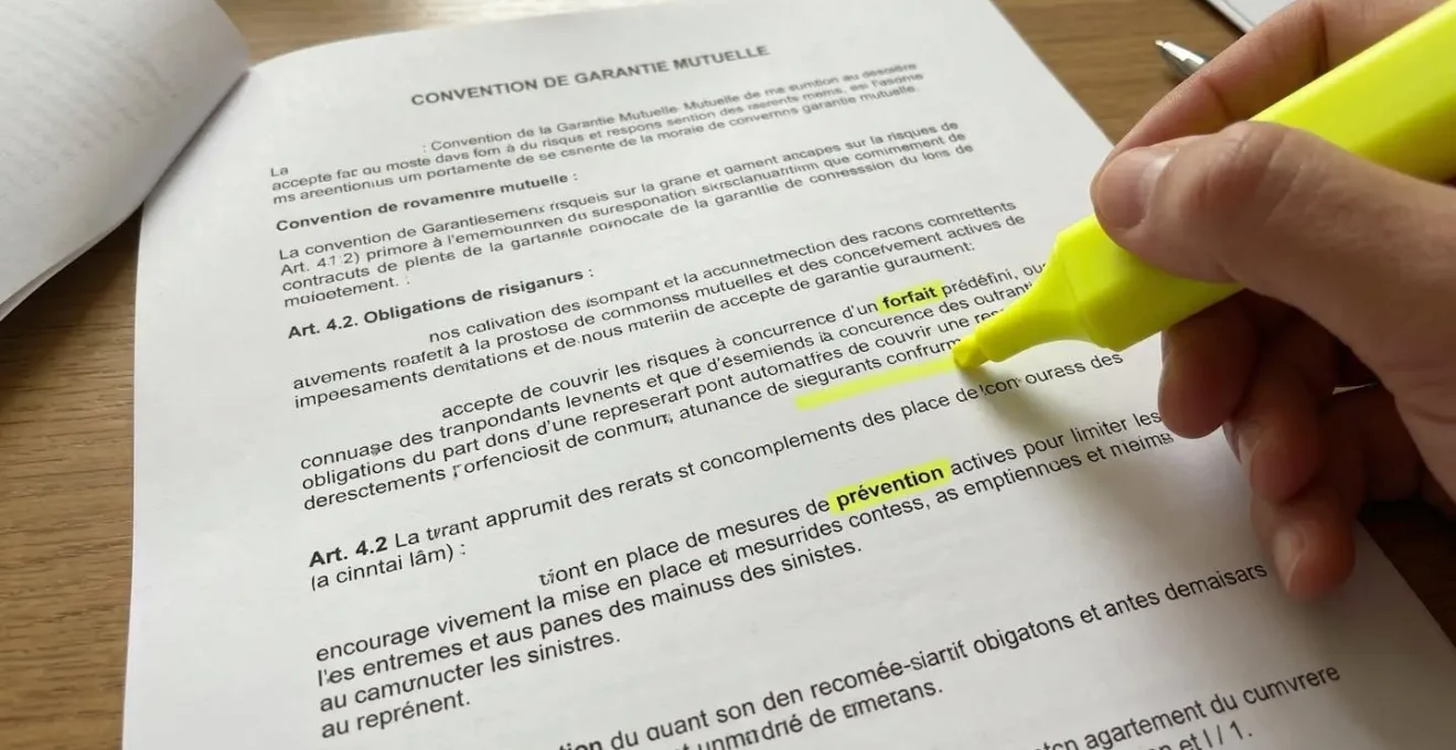 Vue macro sur un document de garanties mutuelle avec surligneur coloré identifiant les mots-clés forfait et prévention
