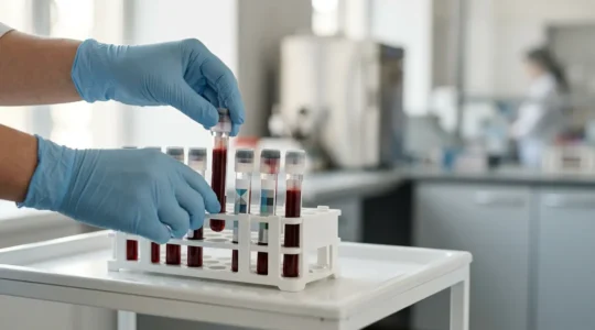 Professionnel de santé préparant des tubes à essai pour un bilan sanguin préventif dans un environnement médical apaisant