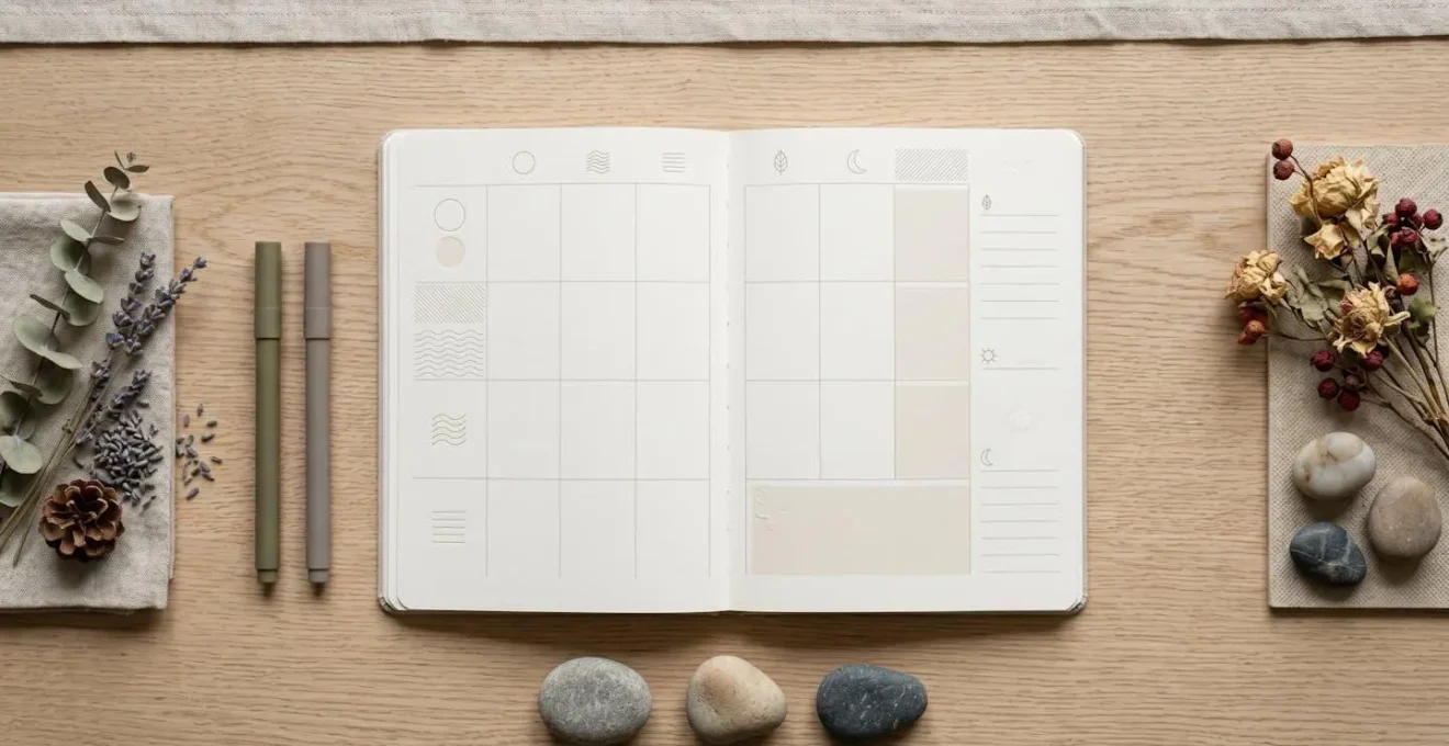 Vue en plongée sur un calendrier annuel minimaliste avec des marqueurs organiques symbolisant la planification des séances de médecines douces tout au long de l'année