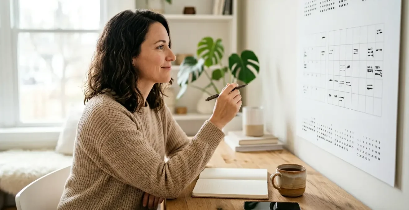 Personne consultant un calendrier mural et planifiant ses soins preventifs de sante