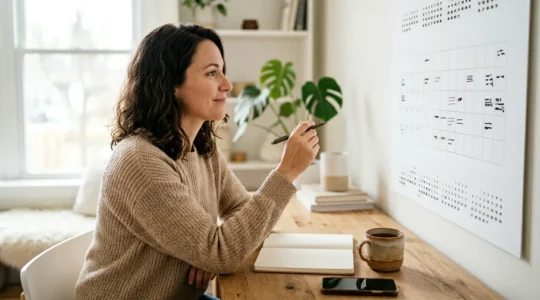 Personne consultant un calendrier mural et planifiant ses soins preventifs de sante