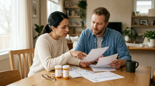 Famille consultant des documents santé pour choisir une mutuelle adaptée