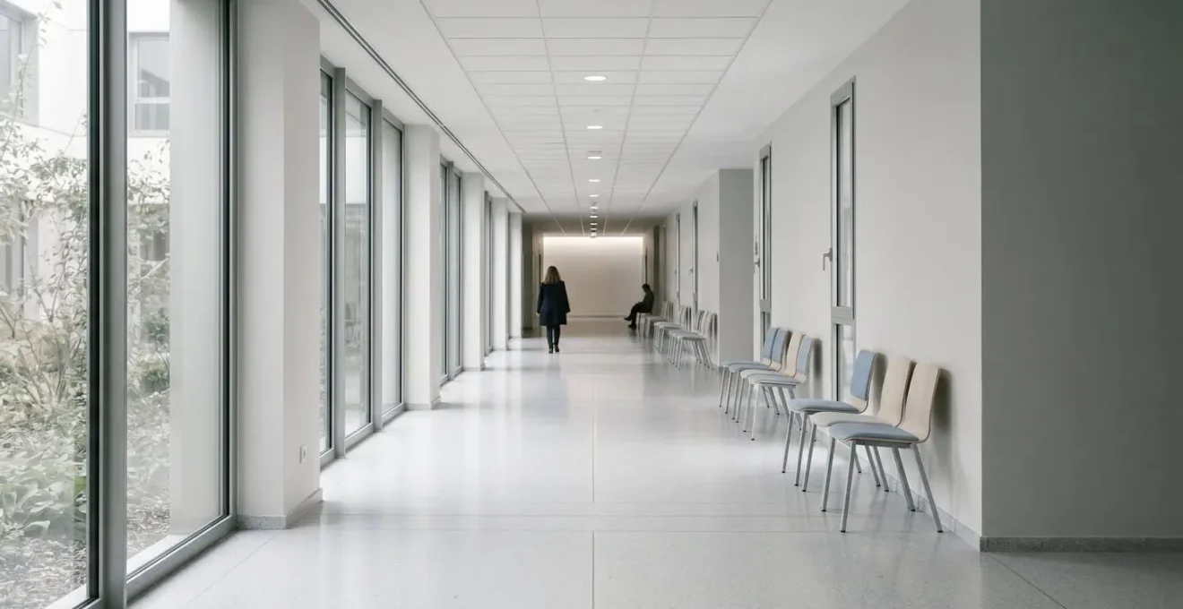 Vue d'ensemble minimaliste d'un environnement hospitalier moderne avec espace négatif