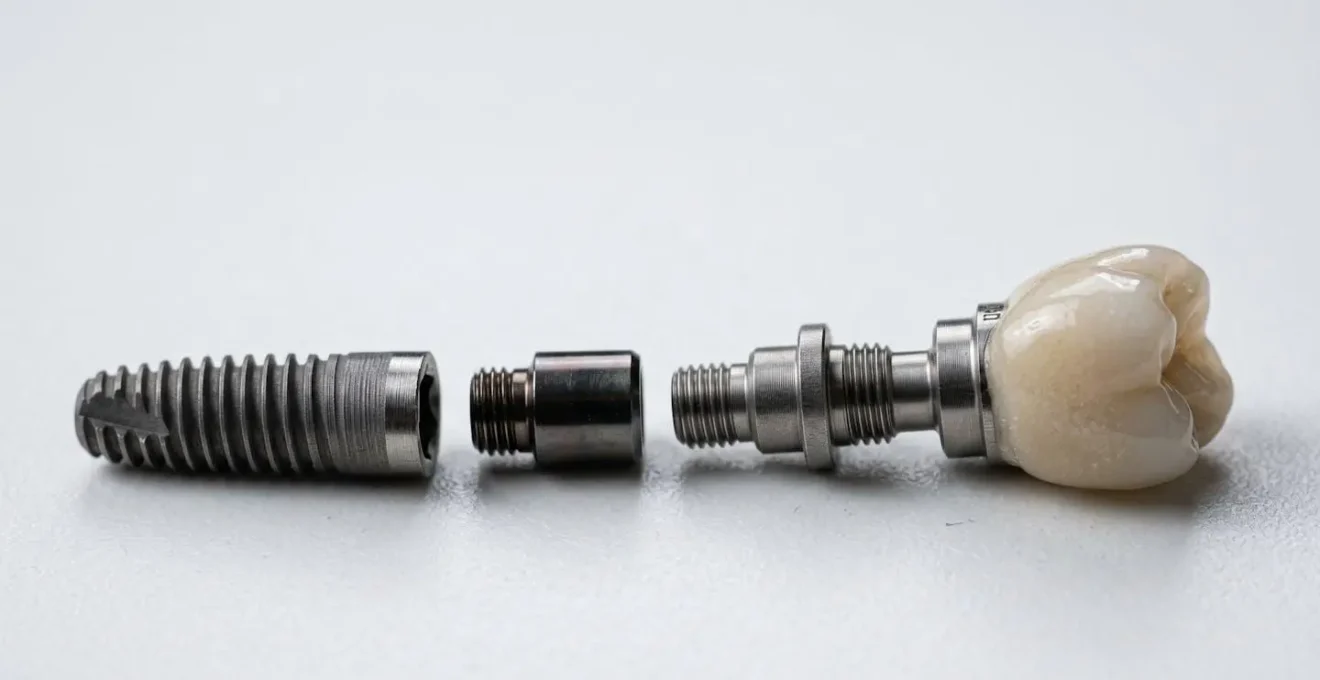 Détail macro des composants d'un implant dentaire illustrant la décomposition des coûts