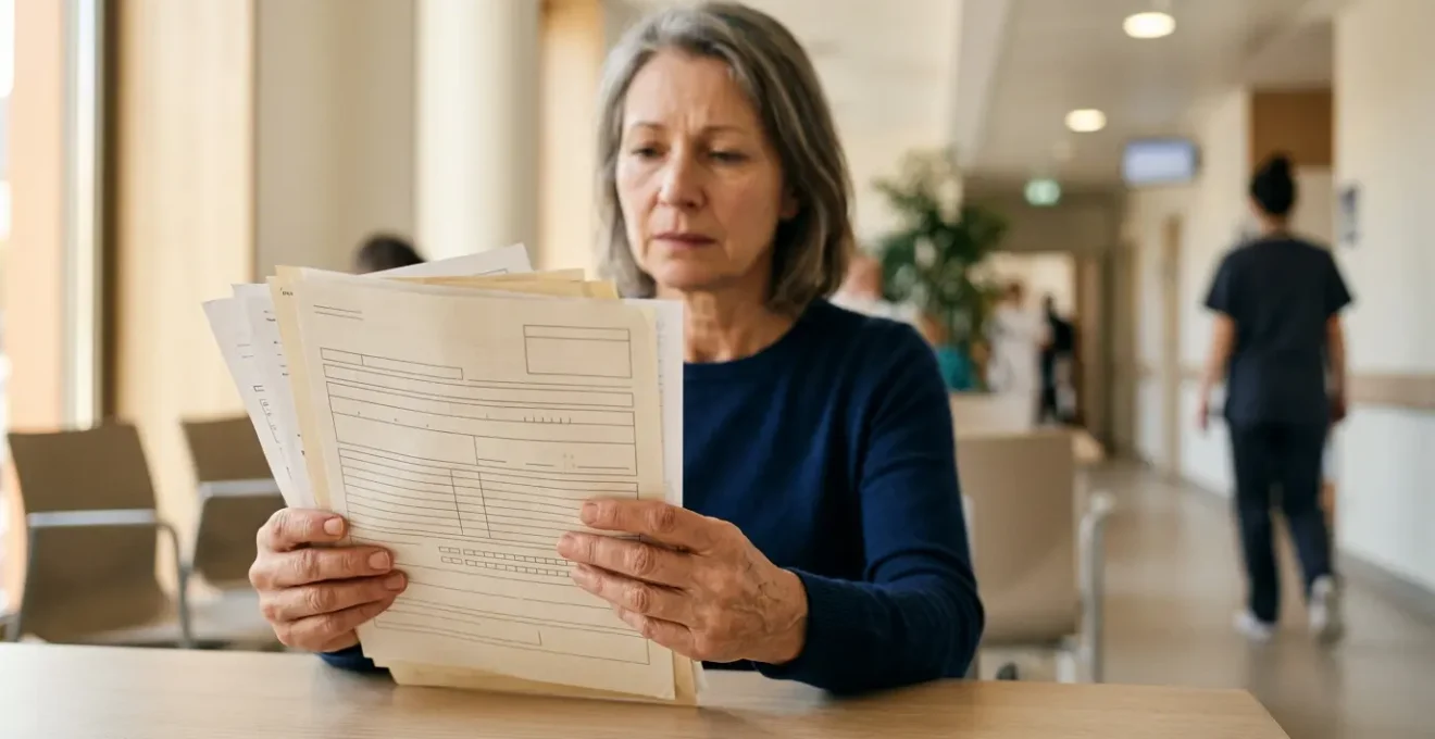 Patient examinant des documents financiers avec concentration dans un environnement hospitalier calme