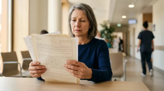 Patient examinant des documents financiers avec concentration dans un environnement hospitalier calme