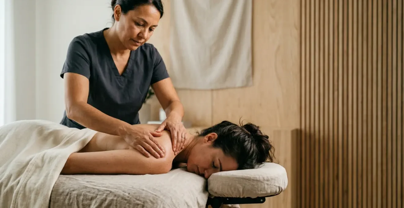 Mains expertes réalisant une manipulation ostéopathique douce sur un patient dans un environnement thérapeutique naturel et apaisant