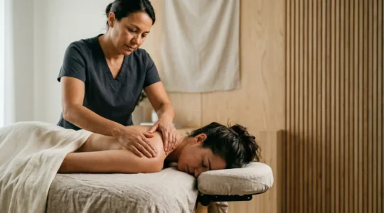 Mains expertes réalisant une manipulation ostéopathique douce sur un patient dans un environnement thérapeutique naturel et apaisant
