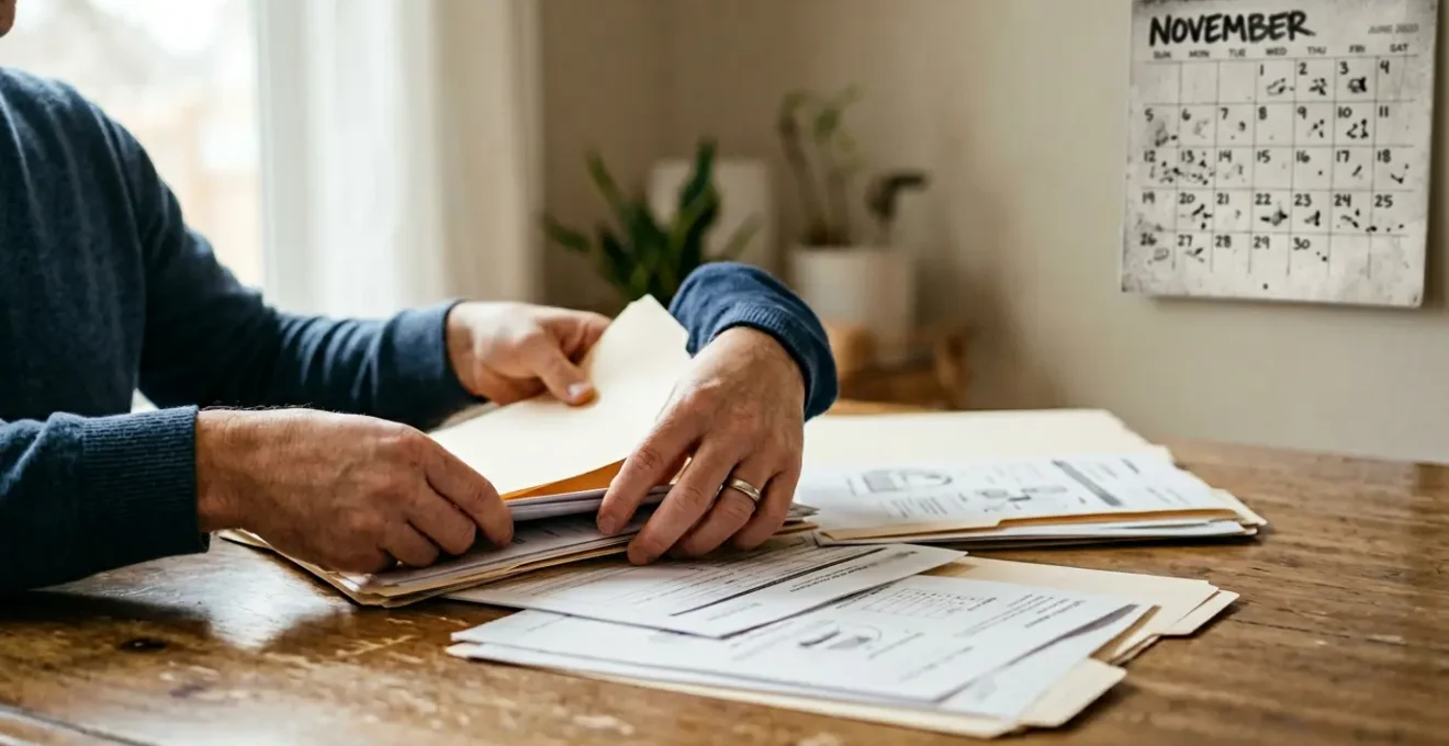 Gros plan sur des mains organisant des documents de santé et planifiant l'utilisation de garanties mutuelle avant expiration annuelle