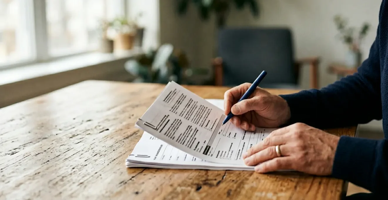 Professionnel examinant des documents de garanties santé sous éclairage naturel doux