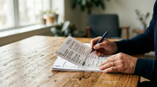 Professionnel examinant des documents de garanties santé sous éclairage naturel doux