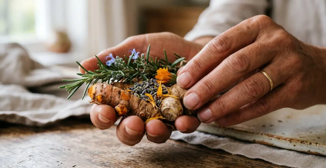 Gros plan sur les mains d'un naturopathe présentant des plantes médicinales naturelles lors d'une consultation de conseil en santé holistique