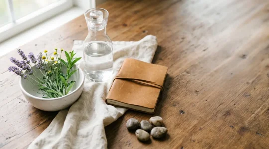 Composition éditoriale minimaliste évoquant la naturopathie et les assurances santé en France