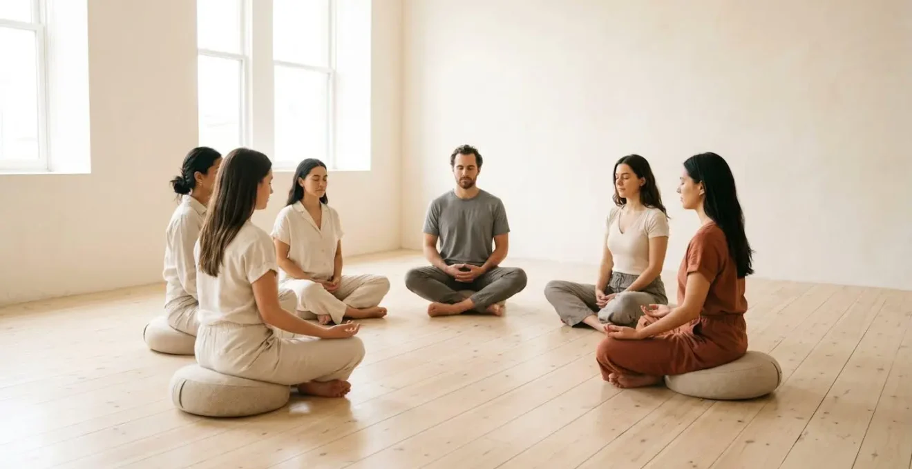 Ambiance sereine d'un atelier collectif de sophrologie avec participants en cercle