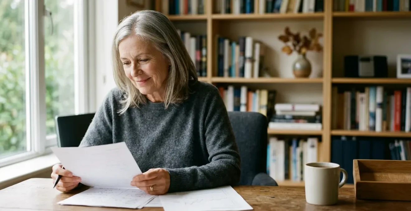Personne mature consultant ses documents de planification retraite dans un cadre paisible