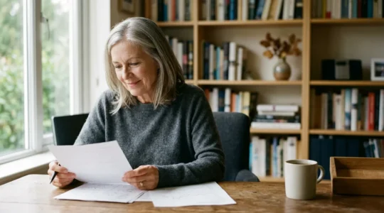 Personne mature consultant ses documents de planification retraite dans un cadre paisible