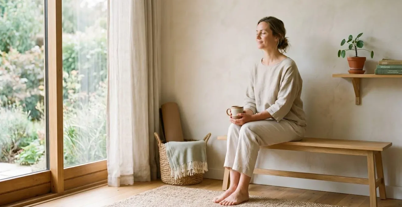 Ambiance minimaliste et apaisante évoquant la prévention santé et le bien-être holistique avec lumière naturelle douce