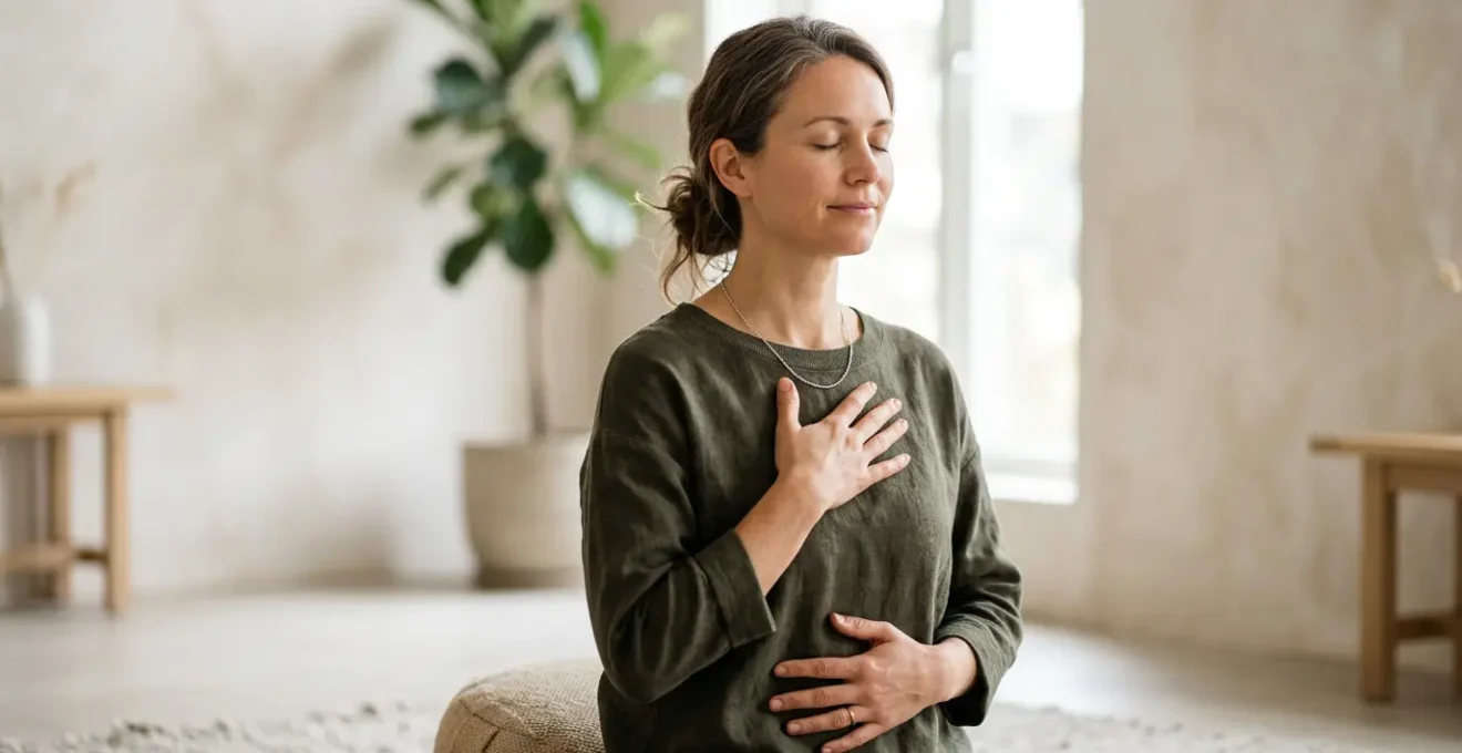 Personne pratiquant un exercice de respiration consciente dans un environnement apaisant