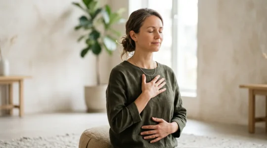 Personne pratiquant un exercice de respiration consciente dans un environnement apaisant