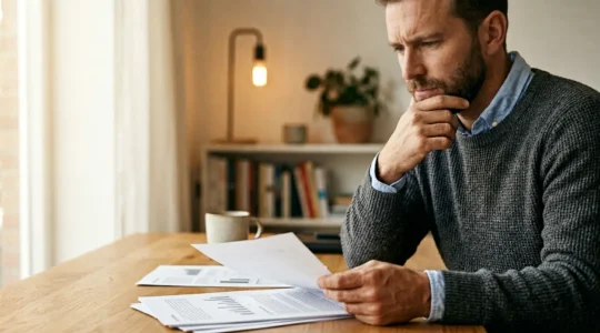 Professionnel indépendant travaillant à son bureau avec des documents de protection sociale