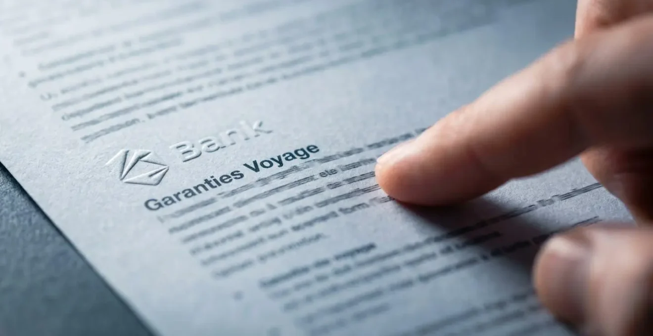 Personne consultant attentivement les conditions de garantie de sa carte bancaire sur un document officiel