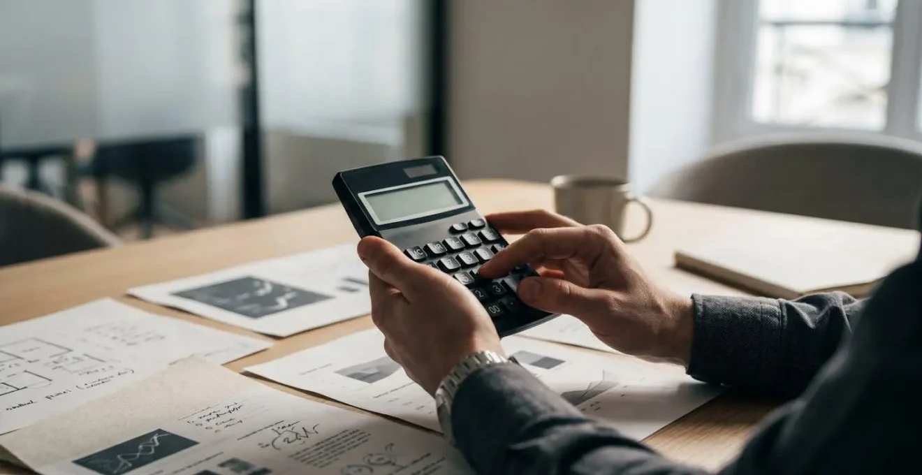 Mains tenant une calculatrice et des documents médicaux sur un bureau épuré