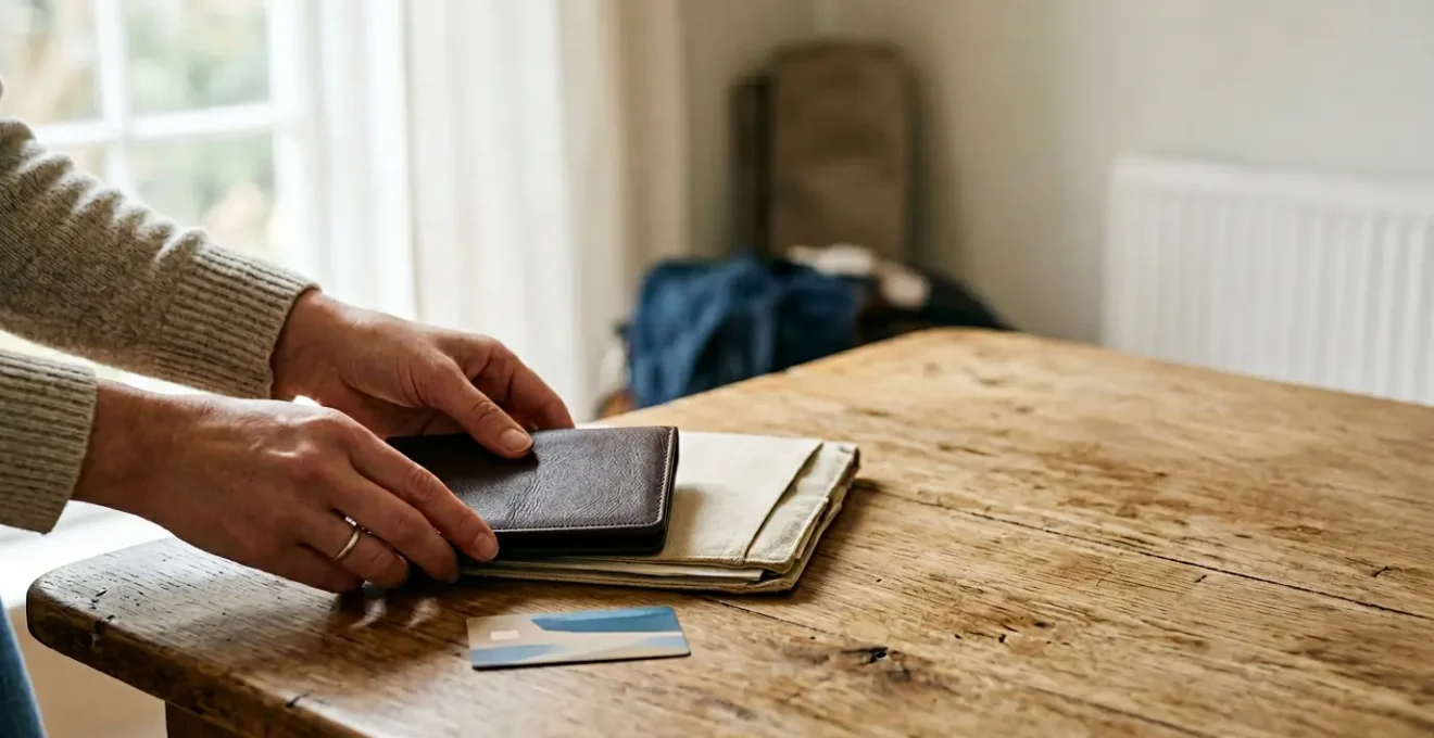 Voyageur préparant sereinement ses documents et affaires avant un départ en voyage, évoquant la protection et la tranquillité d'esprit