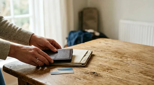 Voyageur préparant sereinement ses documents et affaires avant un départ en voyage, évoquant la protection et la tranquillité d'esprit